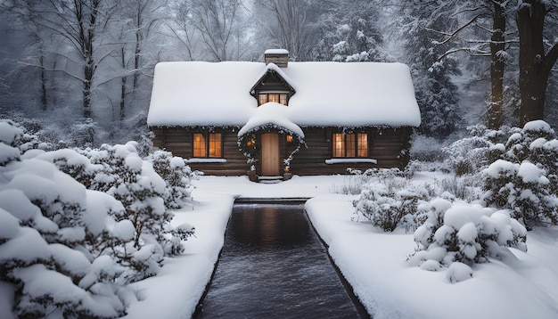 una cabaña con un techo cubierto de nieve y una casa con un tejado cubierto de Nieve