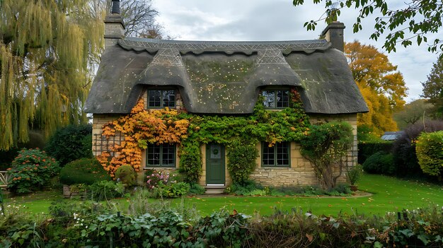 Cabaña con techo de paja en los Cotswolds, Inglaterra La cabaña está rodeada de un jardín con flores y un césped