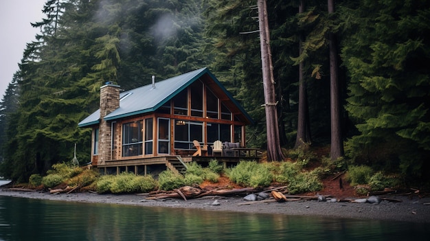 una cabaña con un techo verde está en la orilla de un lago