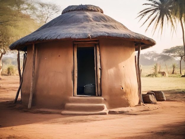 Cabaña tradicional africana en medio de la sabana de Kenia