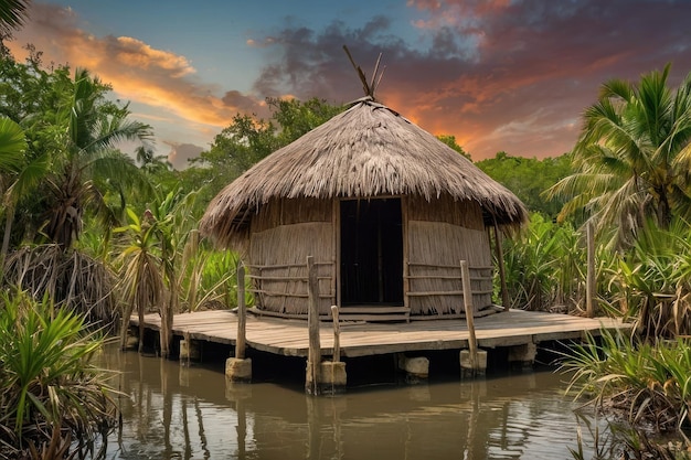 Foto cabana tradicional com telhado de palha em um cenário tropical