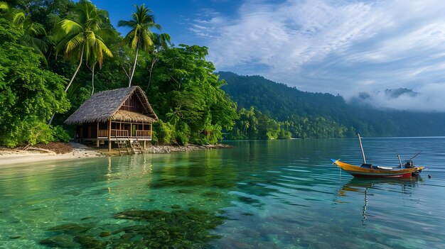Cabana tradicional indonésia à beira da selva tropical Para transmitir um senso de cultura de estilo de vida tradicional indonésio e beleza natural