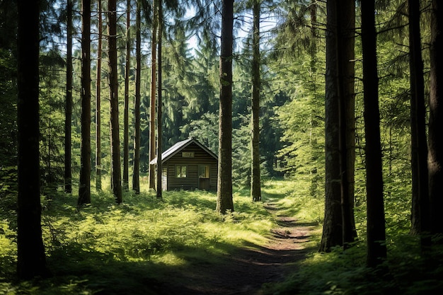 Cabana tranquila numa floresta isolada