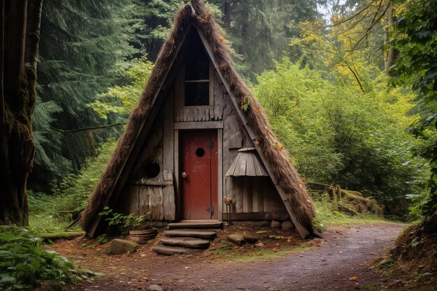 Cabana triangular de madeira na floresta