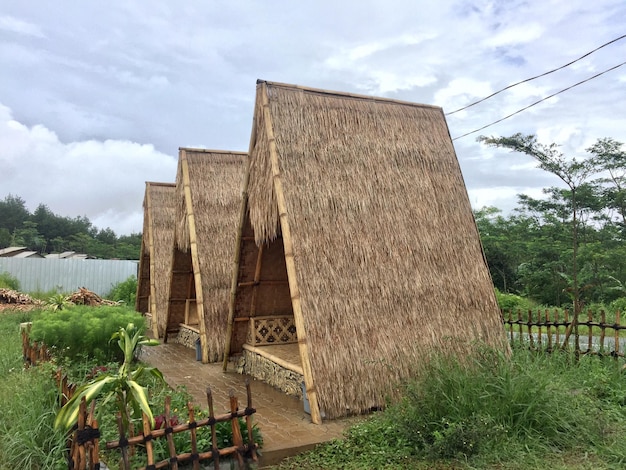 una cabaña triangular con un techo de paja único