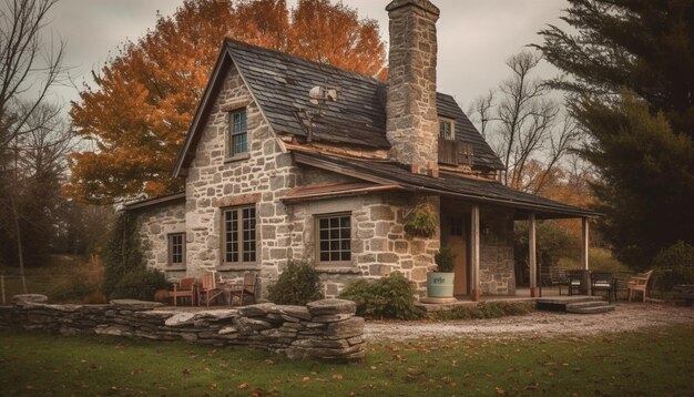 Cabaña de troncos abandonada en invierno dañada y desgastada con historial generado por IA