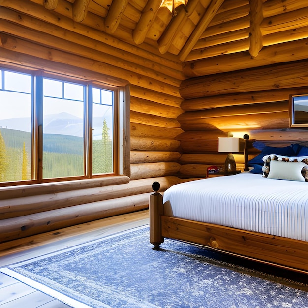 Una cabaña de troncos con una cama y un televisor en la pared.