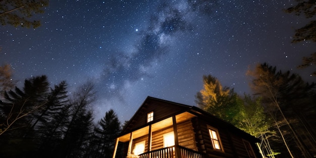 Una cabaña de troncos con un cielo estrellado encima