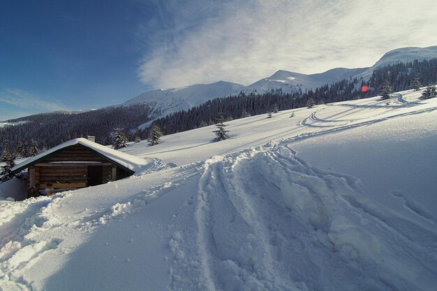 Cabaña de troncos cubierta de nieve en la foto del paisaje de la colina