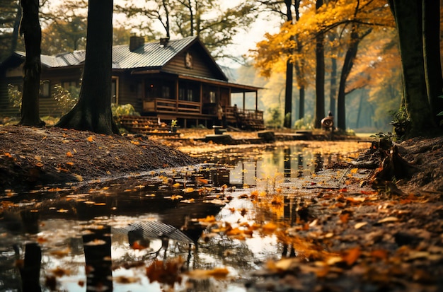 una cabaña de troncos en las hojas de otoño