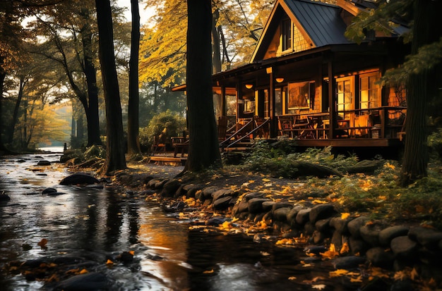 una cabaña de troncos en las hojas de otoño