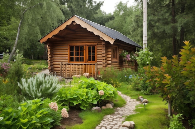 Cabaña de troncos con jardín y terraza rodeada de exuberante vegetación