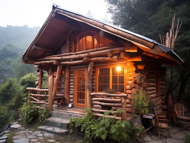 Una cabaña de troncos en las montañas