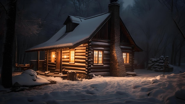 Foto una cabaña de troncos en la nieve con luces encendidas