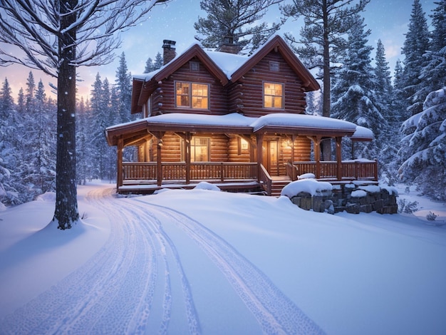 Una cabaña de troncos en la nieve