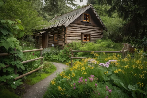 Cabaña de troncos rodeada de un exuberante follaje verde con flores y abejorros