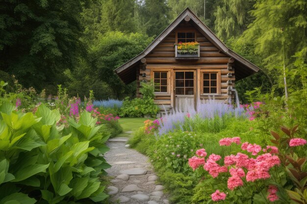 Cabaña de troncos rodeada de exuberante vegetación y flores de colores