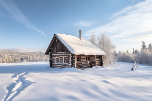 Cabaña de troncos rodeada de nieve en el paisaje invernal