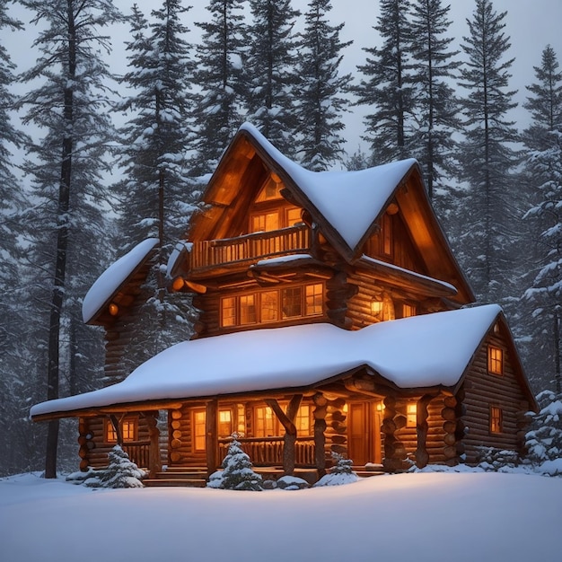 Una cabaña de troncos con techo cubierto de nieve