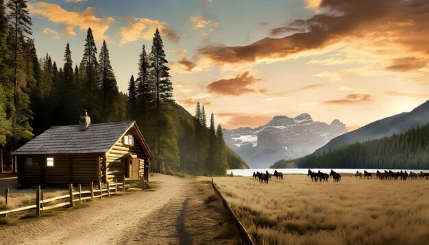 cabaña de vacaciones en el bosque al lado de un lago con caballos