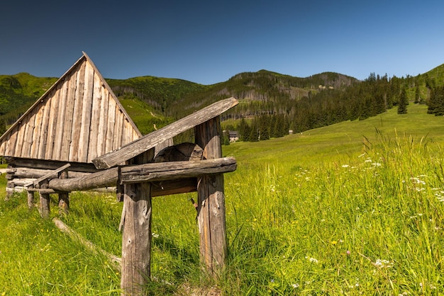 Cabaña en el valle de Chocholowka en las montañas del Parque Nacional Tatra en Polonia cerca de Zakopane