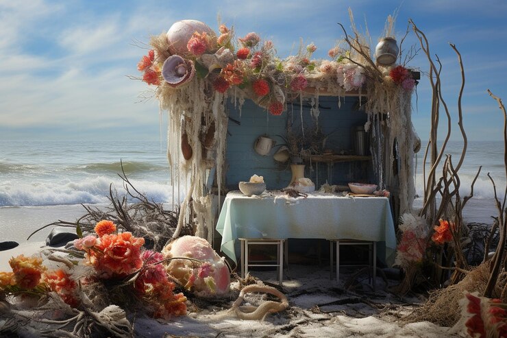 Foto cabanas de amêijoas à beira-mar com pratos de frutos do mar fritos
