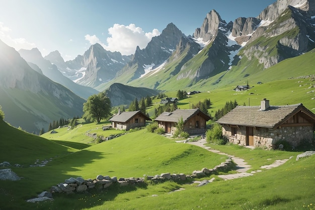 Cabanas de pedra alpinas em uma paisagem verde incrível