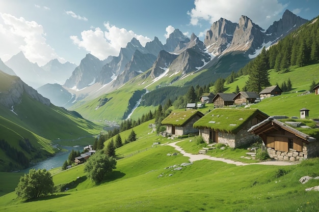 Cabanas de pedra alpinas em uma paisagem verde incrível