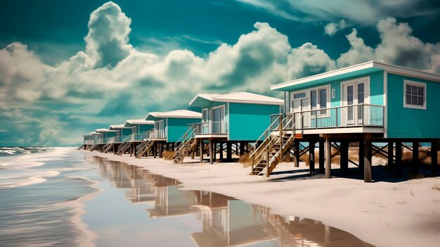 Cabanas de praia na praia ao pôr do sol renderização 3d