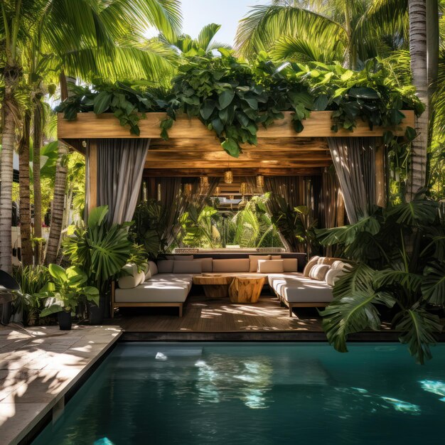 Foto cabanas elegantes à beira da piscina com exuberante folhagem tropical