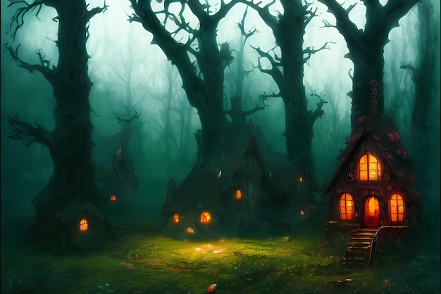 Cabañas espeluznantes en la ilustración de arte digital del bosque de fantasía oscura