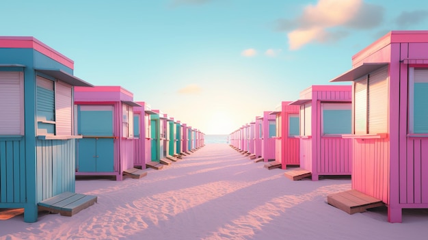 Cabañas generativas de AI Miami Beach Summer Vibes ilustración retro Vintage colores rosa y azul