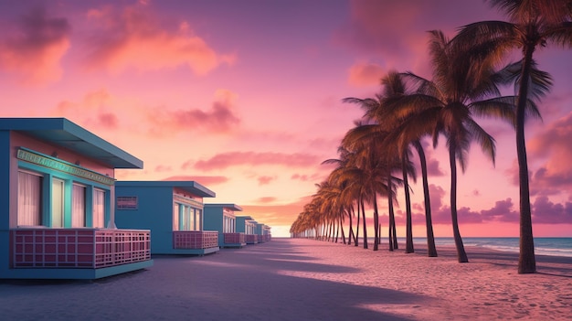 Cabañas generativas de AI Miami Beach Summer Vibes ilustración retro Vintage colores rosa y azul