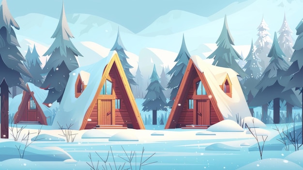 Cabañas de madera cubiertas de nieve en un bosque congelado Paisaje moderno de dibujos animados con casas triangulares de madera para acampar en el bosque de invierno y recreación Casa acogedora nevada entre abetos