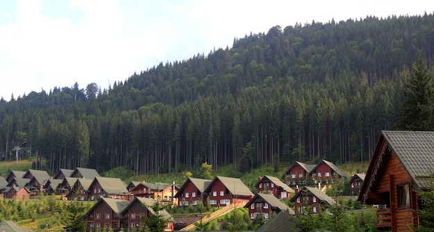 Cabañas de madera roja en las montañas del bosque
