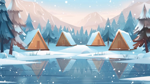 Foto cabañas de pie en la orilla de un río congelado cubierto de nieve en el bosque paisaje moderno de dibujos animados con casas triangulares de madera para acampar en el bosque de invierno cabaña acogedora entre abetos en un bosque