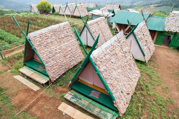 cabañas plantadas en el césped