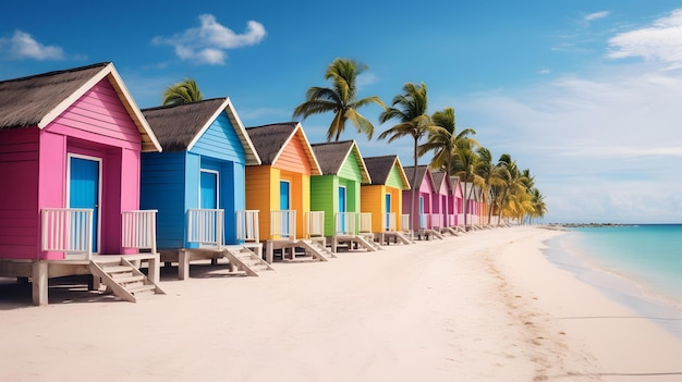 Foto las cabañas de playa de colores brillantes se alinean en la orilla