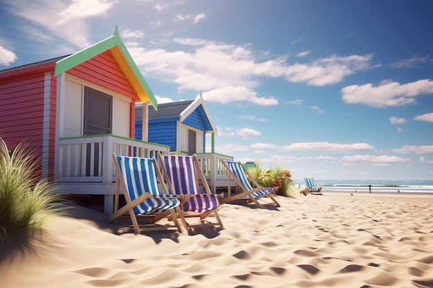 Cabañas de playa de colores brillantes a lo largo de la costa Generativo ai