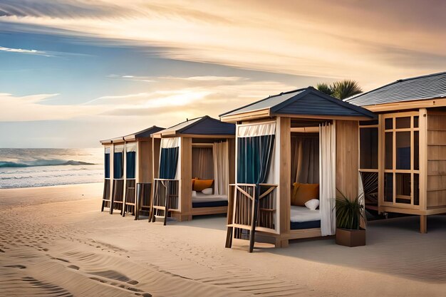 Cabañas de playa en una playa con un cielo al atardecer en el fondo