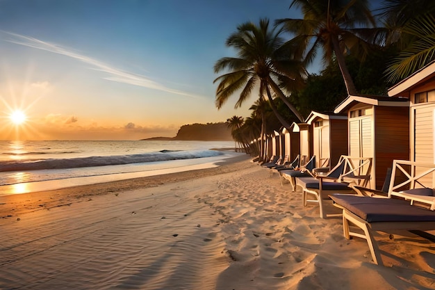 Cabañas de playa en la playa con palmeras al fondo