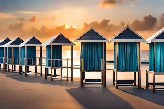 Cabañas de playa en una playa con la puesta de sol detrás de ellos