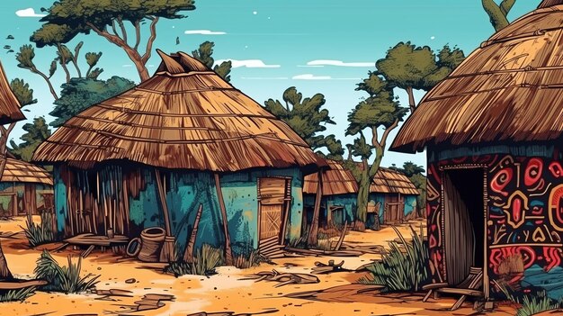 Cabanas tradicionais de aldeia africana Conceito de fantasia Pintura de ilustração