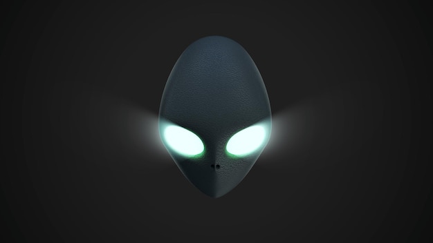 Cabeça alienígena com olhos brilhantes em fundo escuro