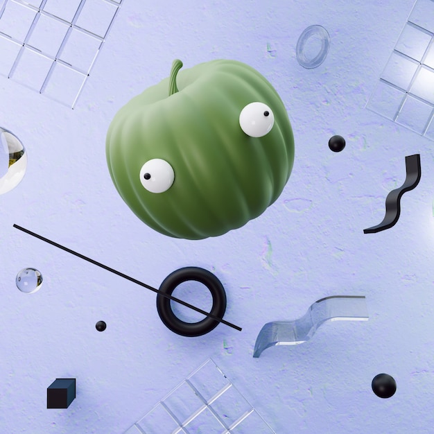 Cabeça de abóbora de desenho animado verde engraçado, conceito de personagem sobre o tema do feriado do Dia das Bruxas, ilustração 3D, renderização no fundo azul
