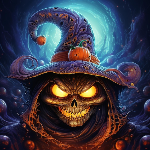 Cabeça de abóbora de Halloween esculpida assustadora com um chapéu de bruxa