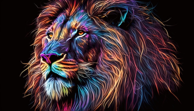 Cabeça de animal de retrato de leão neon colorido Midjourney AI
