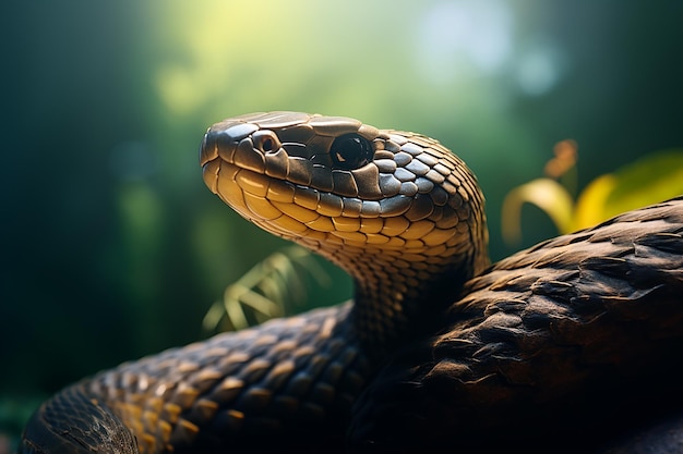 Cabeça de Black Mamba Snake com pele escamosa na selva da floresta em dia brilhante