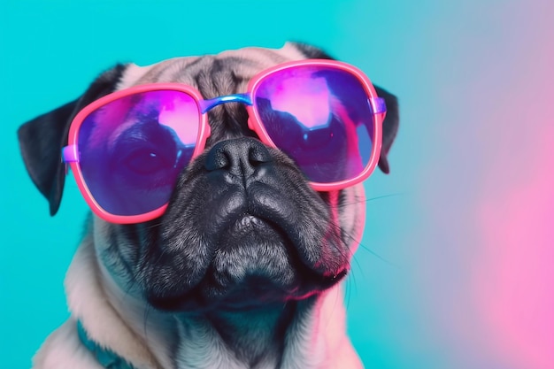 Cabeça de cachorro pug em óculos em fundo azul neon criado com tecnologia Generative AI