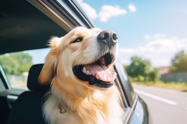 Cabeça de cão de colo feliz olhando pela janela do carro desfrutando de uma viagem de estrada IA geradora